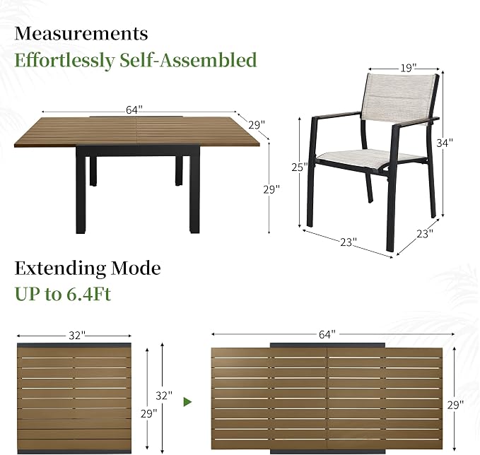 5 Piece Outdoor Dining Set, Expandable Outdoor Patio Dining Table Set for 4-6 Person, Aluminum Outdoor Table and 4 Chairs with Textilene Fabric & Armrest for Patio, Garden, Lawn, Deck(Brown)