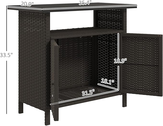 Outsunny Wicker Outdoor Storage Cabinet, Rattan Bar Table with 2 Doors and Shelf, Buffet Sideboard with Metal Slatted Countertop for Poolside, Patio, Backyard, Dark Coffee