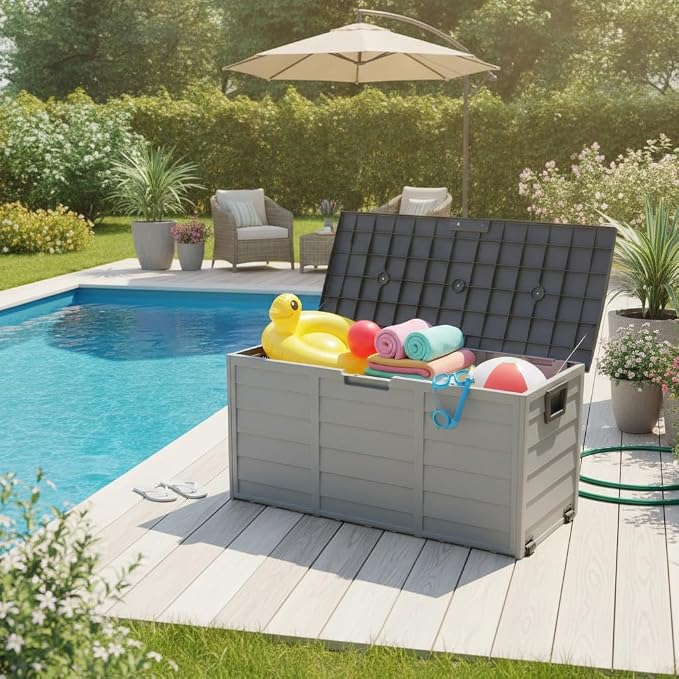 Deck Boxes 75 Gallon Resin Outdoor Storage Box Lockable Plastic Storage Containers with Lid and Wheels Waterproof Organization for Cushions Garden Tools Pool Toys Backyard Balcony Yard Patio Furniture