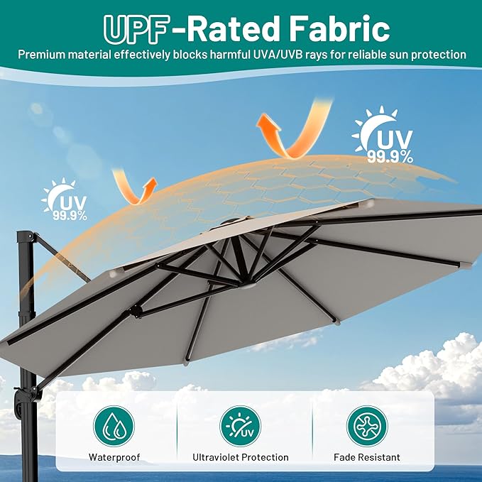 AreShark 11FT Round Cantilever Patio Umbrella with Base Included, 360° Rotation Offset Outdoor Umbrella, 5 Tilt Settings Heavy Duty Hanging Parasol for Deck Garden Pool, Light Grey