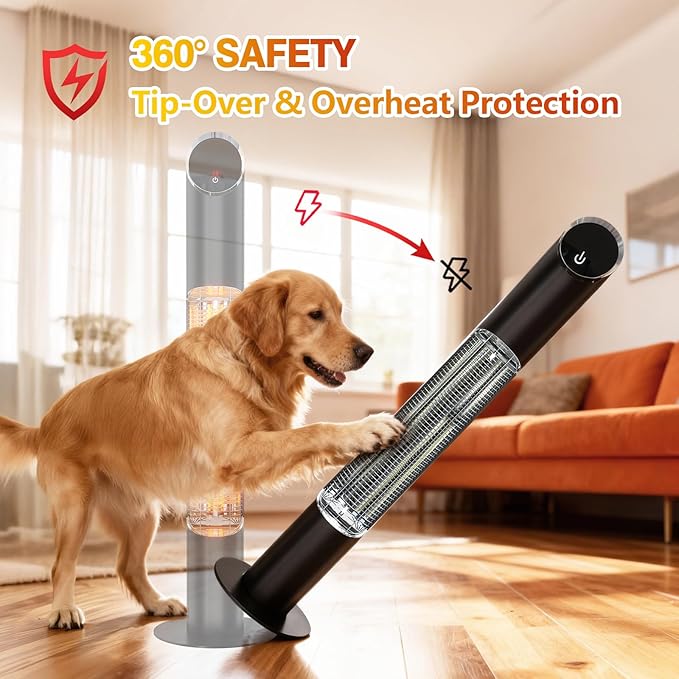 Freestanding Outdoot Electric Heater, Infrared Patio Heater for Outdoor/Indoor Use, 1500W garage heater electric, REMOTE CONTROL, BLACK