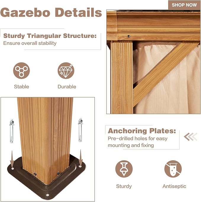 EROMMY 12'x20' Hardtop Gazebo, Wooden Finish Coated Aluminum Frame Pergola with Galvanized Steel Roof, Outdoor Metal Gazebos with Curtains and Nettings for Patio, Backyard, Deck and Lawns