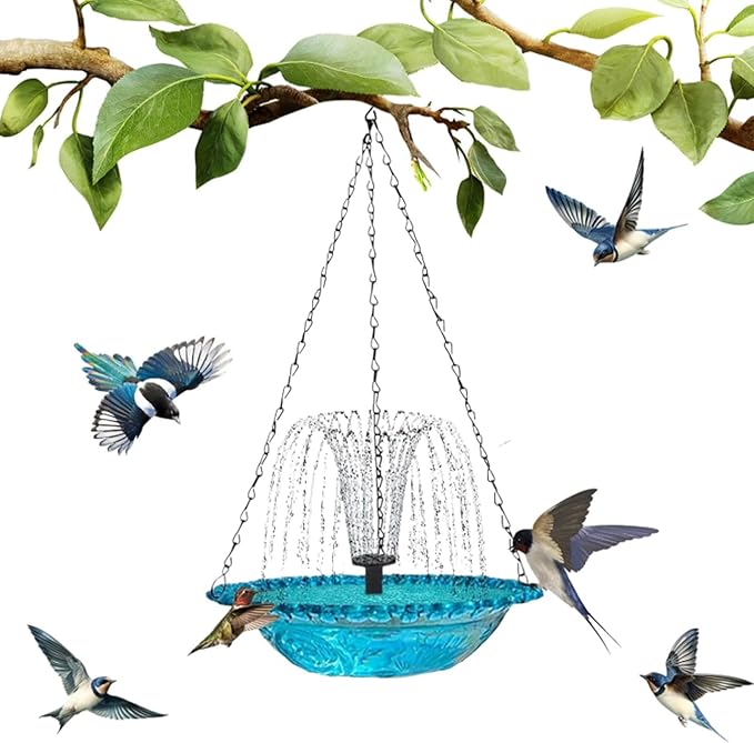 2026 New Cascade Hanging Bird Bath Fountain, Metal Solar Powered Birdbath with Water Pump for Outdoor Garden Decor, Humming Birds Baths Fountains (Blue)