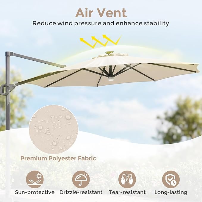 Tangkula 10ft Patio Umbrella with Solar Lights, Offset Cantilever Square Outdoor Umbrella with 35 LED Lights, Aluminum Pole, 360 Degree Rotation, Tilt Adjustment, Air Vent for Pool Deck Yard (Beige)
