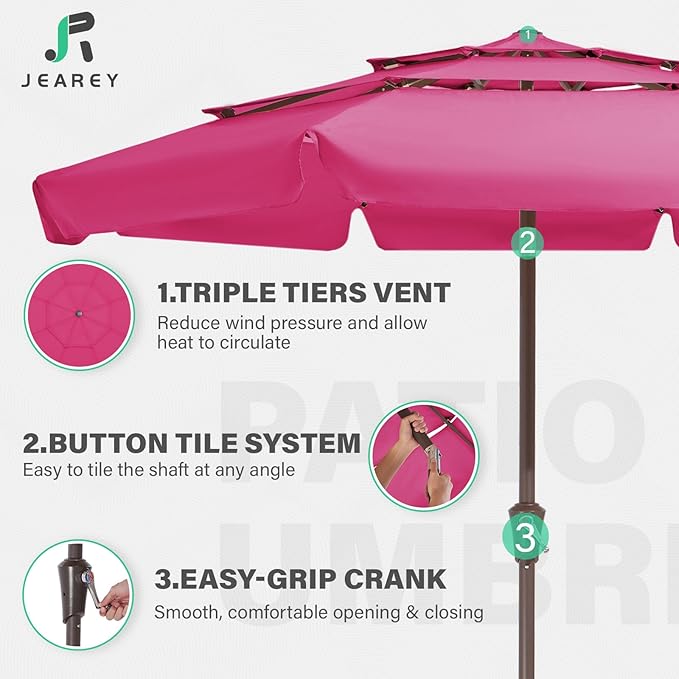 JEAREY 3 Tiers 9 FT Patio Umbrellas Outdoor Table Umbrella with Push Button Market Umbrella 8 Sturdy Ribs UV Protection Waterproof for Garden,Pink