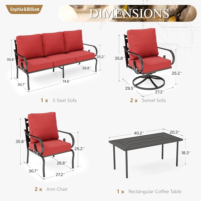 Sophia & William Patio Conversation Set for 7, 3-Seater Sofa, 2 Fixed Chairs, 2 Swivel Chairs and a Coffee Table, Metal Outdoor Furniture with 5.75" Extra Thick Cushions, Red