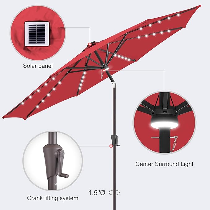 11FT Solar Umbrella Outdoor - Lighted Solar Patio Umbrella with 40 LED Lights Waterproof UV Protection, Table Umbrella with Tilt for Pool, Porch, Garden, Deck, Backyard - Red