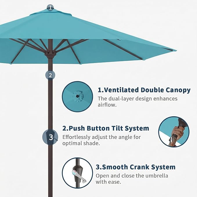 10FT Patio Umbrella Outdoor Market Umbrella with Crank and Tilt, 8 Flexible Fiberglass Ribs, UV-Resistant Waterproof Canopy for Patio, Deck, Garden, Backyard, Sky Blue