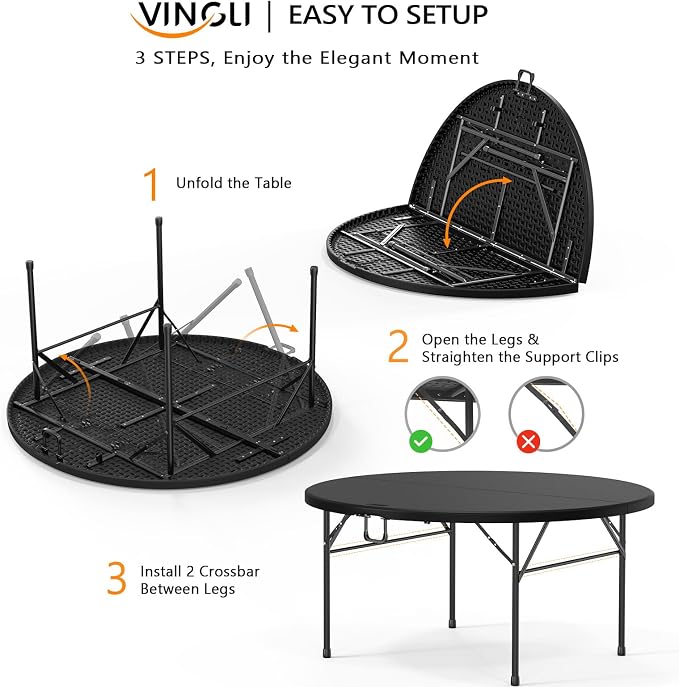 VINGLI 5 FT Black Round Bi-Folding Commercial Table, 60 inch Portable Plastic Dining Card Table for Kitchen Party Wedding Event, 5-Pack