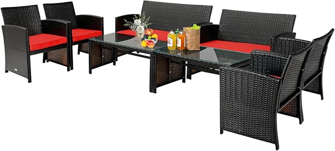 COSTWAY 8 Piece Patio Furniture Set, Outdoor PE Rattan Wicker Sectional Sofa with Cushion and Coffee Table, Patio Conversation Sets for Balcony Lawn Porch Patio Backyard Garden Poolside, Red