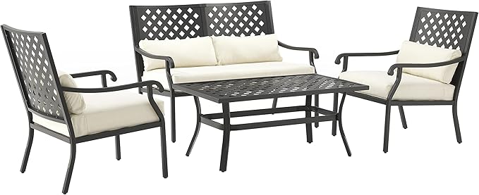 Crosley Furniture Alistair 4-Piece Outdoor Loveseat Patio Furniture Set, Conversation Sets for Porch, Deck, Matte Black with Creme Cushions