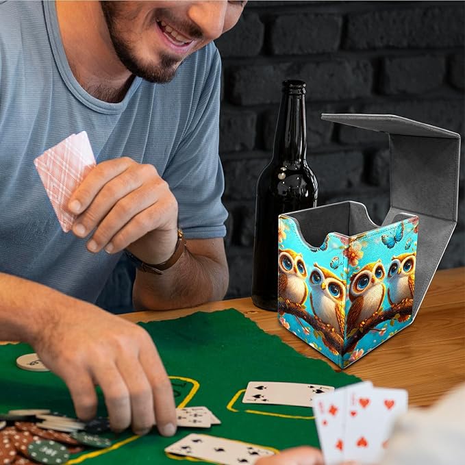 Deck Box for MTG, Cards Storage Box Fits 120+ Sleeved, Leather Medium Size Strong Magnetic Closing Card Case for Board Games Magic TCG CCG Baseball Collection, Owl Blue