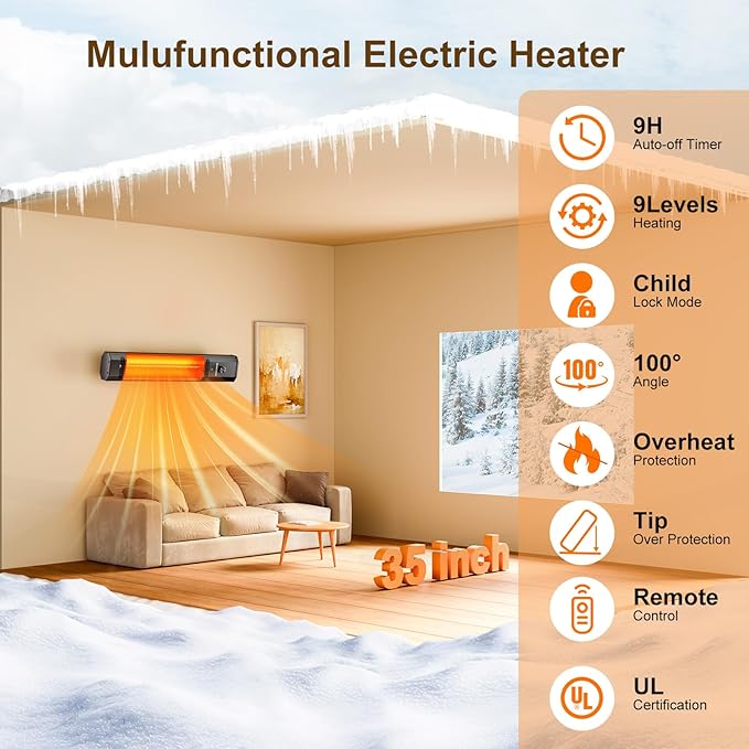Outdoor Patio Heater with 9 Heat Levels,Wall Mounted Space Heater for Garage Backyard Room Indoor,1500W Fast Electric Infrared Heater with Remote Control,9H Timers,Waterproof,Child Lock