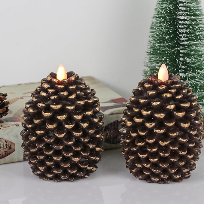 LED Flameless Pinecone Candles with 6H Timer, Battery Operated Waxy Pillar Candles, 2 Pack Christmas Candles Flickering Acorn Decor Woodsy Home Décor Christmas Gifts(Brown, 3.5 x 4.7 Inch)