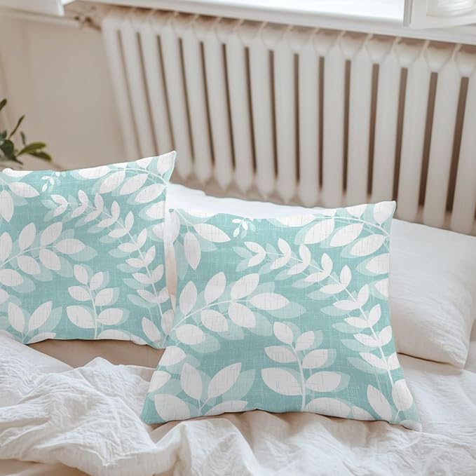 Pale Teal Leaves Outdoor Waterproof Throw Pillow Covers 18x18 Set of 2, Farmhouse Botanical Branch Vintage Boho Leaf Decorative Pillowcases Cushion Pillowcase for Couch Sofa Patio Pillow Protector