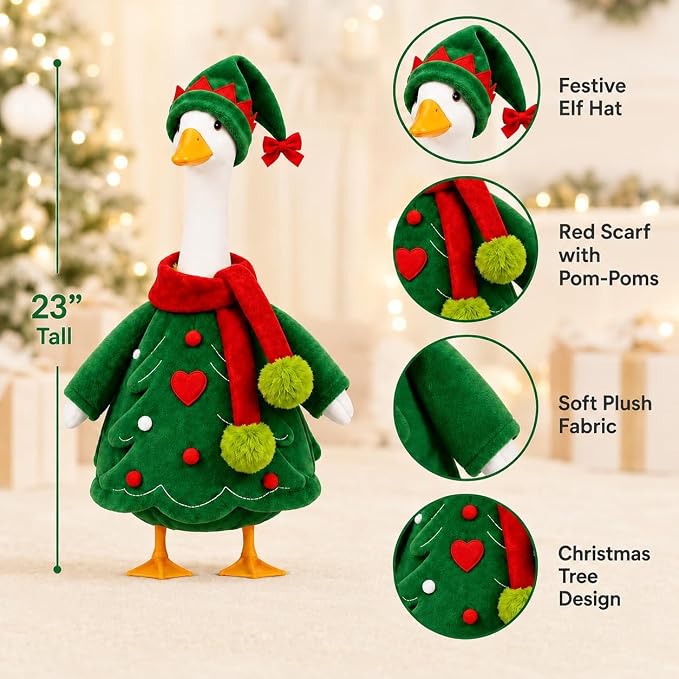 STONESTAR Christmas Porch Goose Outfits for 23" Goose Statue, Xmas Tree Goose Plush Clothes with Elf Hat & Pom Pom Scarf, Festive Outdoor Yard Garden Christmas Santa Holiday Decor