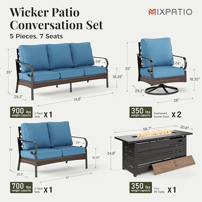 Patio Furniture Set with Fire Pit Table, Metal Outdoor Conversation Set with 5.75'' Extra Thick Cushion, 2 Swivel Chairs, Loveseat Sofa, 3-Seat Sofa and Gas Fire Pit Table, Navy Blue