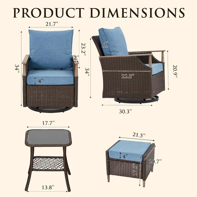 MELLCOM Patio Furniture Set, 5PCS Outdoor Wicker Conversation Set with 4" Thick Cushions, Weather Resistant Olefin Fabric for Garden, Poolside, Blue