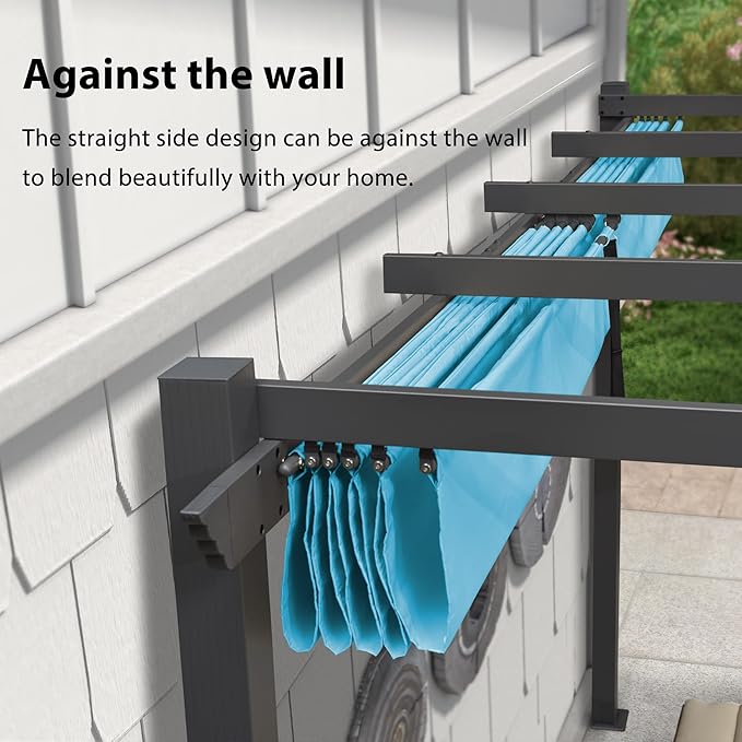 PURPLE LEAF 9.5' X 13' Outdoor Retractable Pergola Against The Wall with Shade Canopy Patio Aluminum Shelter for Garden Pavilion Grill Gazebo Modern Backyard Metal Grape Trellis Pergola Turquoise Blue