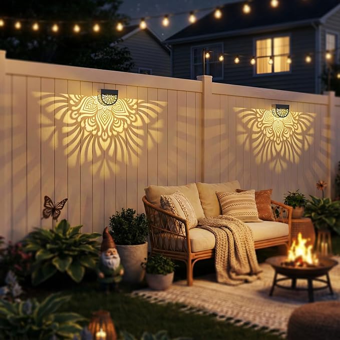 Hapjoy Solar Fence Lights Outdoor 4 Pack Solar Step Lights LED Powered Wall Lights Decorations Warm Yellow Light Waterproof Decorative Lighting for Garden, Front Door, Backyard (Black 1)