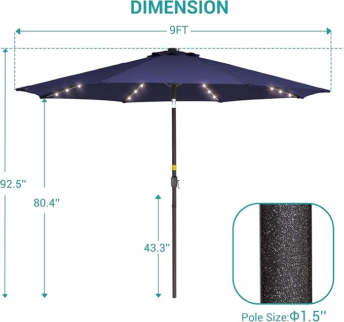 9ft Patio Umbrella Outdoor with Solar Lights,32 LED Lighted Table Market Umbrella with Tilt and Crank, 2-Year-Non-Fading, 8 Sturdy Ribs,for Pool, Deck, Garden,Backyard