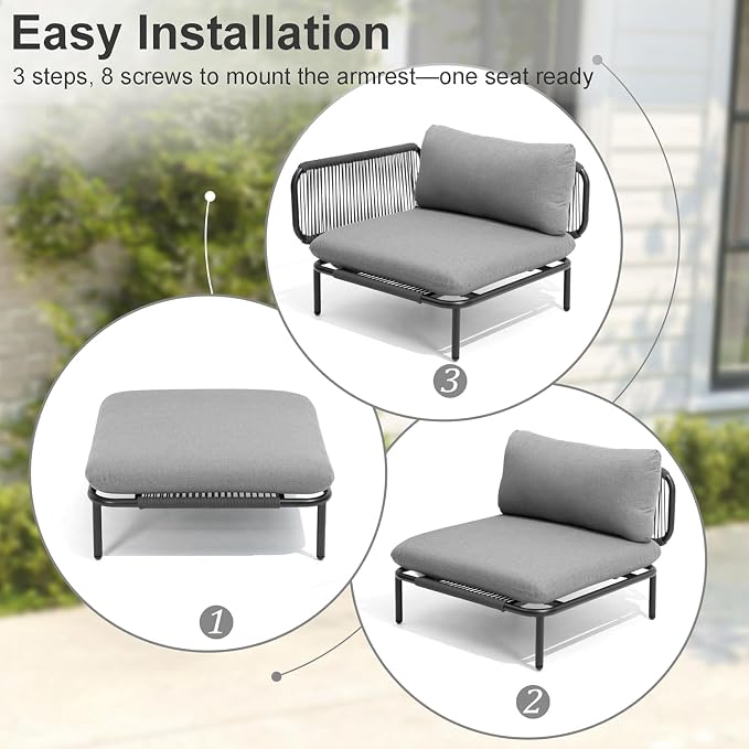 7 Piece Modern Outdoor Sectional Sofa, 31" Oversized Patio Furniture Set with Olefin Woven Rope, Weather-Resistant Metal Frame and Removable Cushion, Dark Grey