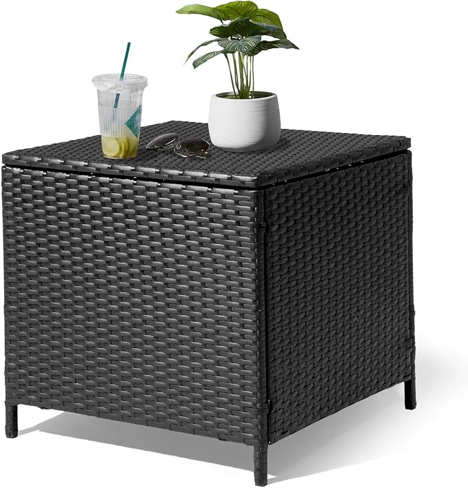 HOMSUPPLIE'S 27 Gallon Outdoor Side Table with Storage Space, Waterproof Wicker Patio Deck Box, Rattan End Table with Hidden Storage for Pool Towels, Toys & Garden Tools(Black,Square)