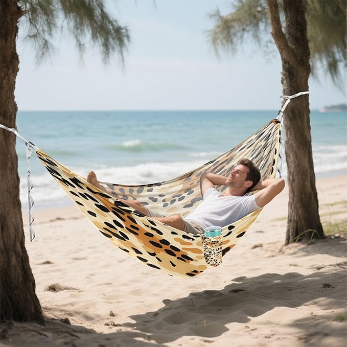 Qilmy Leopard Print Camping Hammock Single – 330 lbs Capacity, Lightweight with Tree Straps & Carabiners, Portable for Hiking, Travel, Backpacking