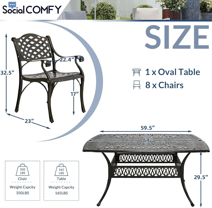 9-Piece Patio Cast Aluminum Dining Set, Outdoor Table and Chairs Set for 8, Includes 64" Large Square Dining Table and 8 Chairs with Umbrella Hole, Patio Furniture Set for Deck Garden