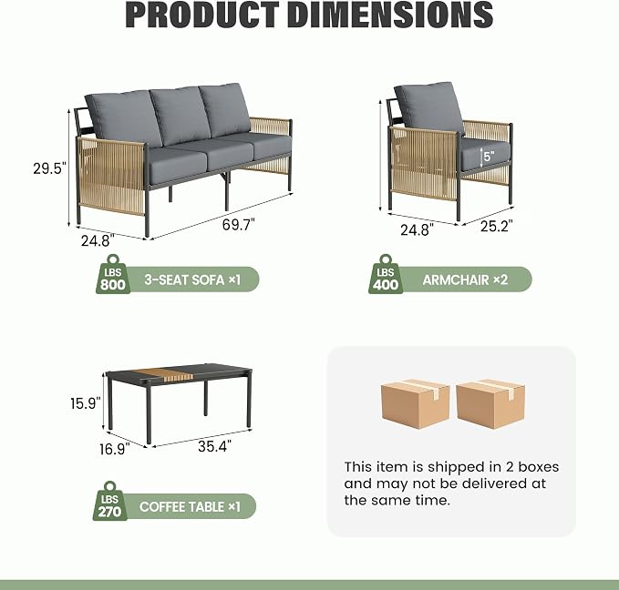 Aluminum Outdoor Patio Furniture Set, 5 Seats Outdoor Sectional with Coffee Table, Patio Conversation Sets with Washable Thick Cushions and Waterproof Cover for Backyard/Garden /Poolside, Gray