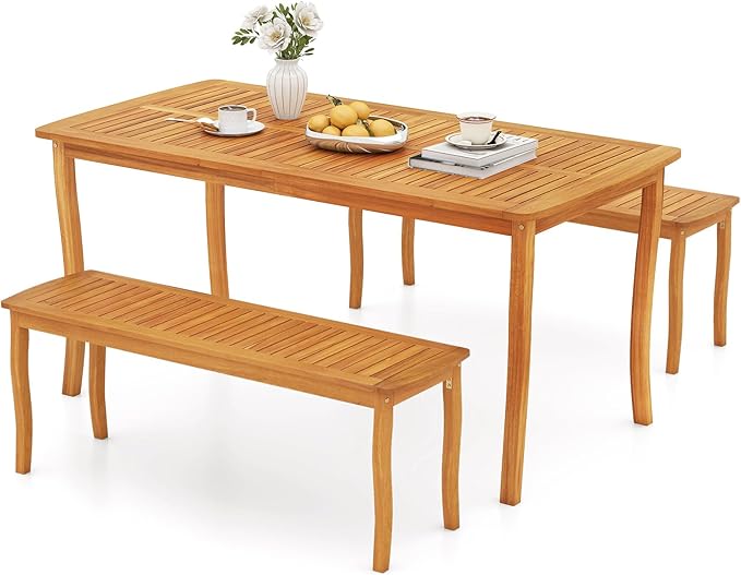 Tangkula 3 Pieces Patio Wood Dining Set, 63 Inch Outdoor Acacia Rectangular Table with 1.97” Umbrella Hole and Benches Set, for Deck, Garden and Backyard