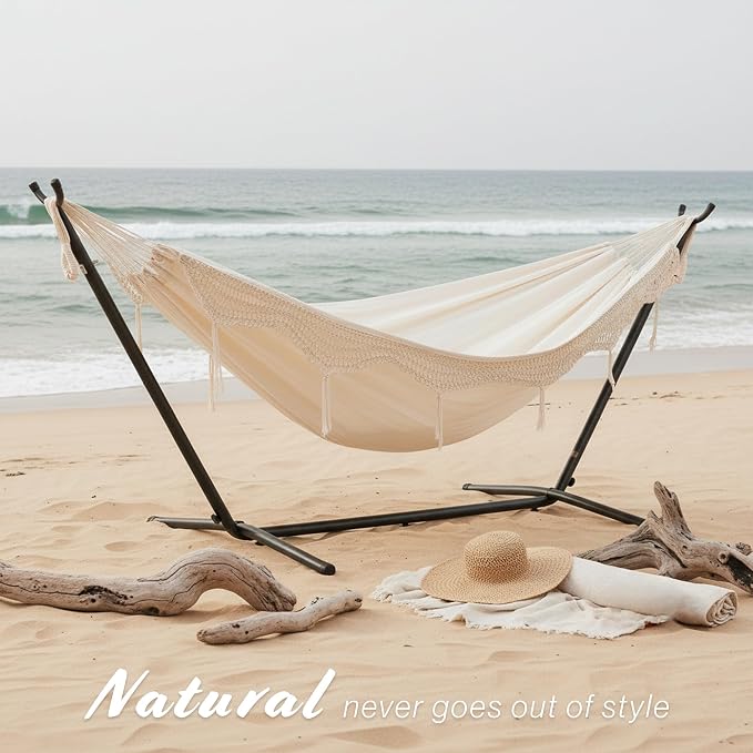 Vivere Double Cotton Hammock with Space Saving Steel Stand, Upgraded Polyester End Strings 450 lb Capacity - Premium Carry Bag Included - USA Grown Cotton (Natural)