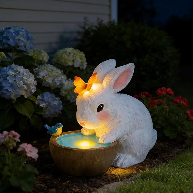Solar Bunny Garden Outdoor Statues Decor - Birthday Gifts for Mom | Rabbit with Butterfly and LED Lights Garden Decor for Home House, Yard Art Lawn, Ornaments, Porch Patio, Balcony