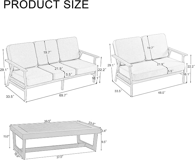 3 Pieces Patio Furniture Sets, Black Wood Outdoor Sectional Furniture with Coffee Table, 5 Seats Patio Sofa Couch Conversation Set for Backyard Deck - Gray