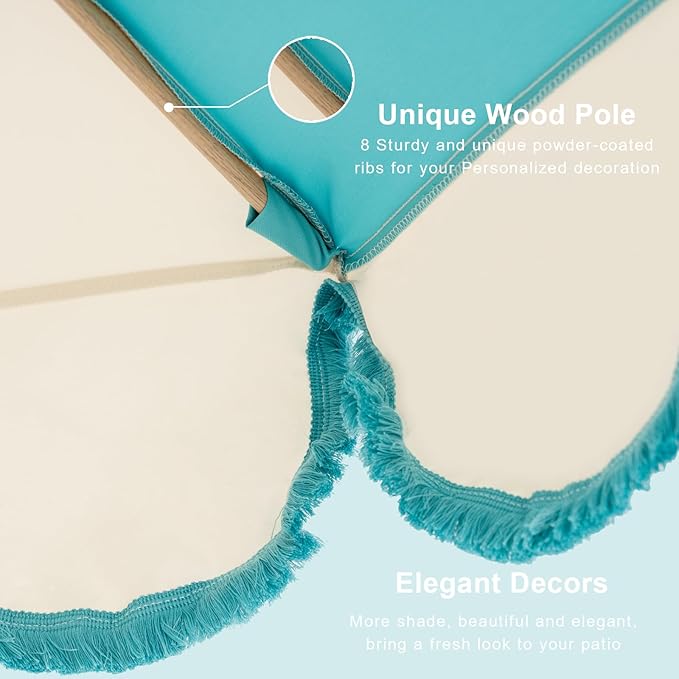 Tempera 9ft Scalloped Patio Umbrellas with Fringe, Market Umbrellas with Water-Resistant and Fade Resistant Canopy, 1.5" Wood Pole & Button Tilt.