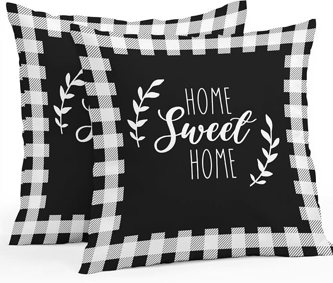 Home Sweet Home Waterproof Outdoor Pillow Covers Set of 2 Home Decor, Leaves Black Buffalo Plaid Pillowcase Patio Pillow Covers for Couch Bench Patio Furniture Garden 18x18in