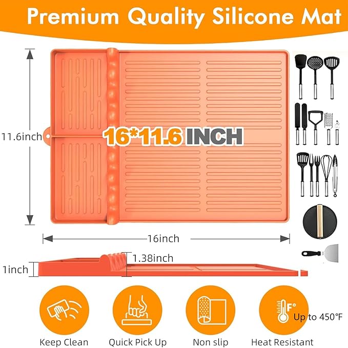 Silicone Griddle Tool Mat Compatible with Blackstone Weber - Flat Top Grill Pellet Smoker Side Shelf Spatula Mat with Drip Pad - Kitchen Cooking BBQ Grilling Accessories - Gift for Men(Orange)