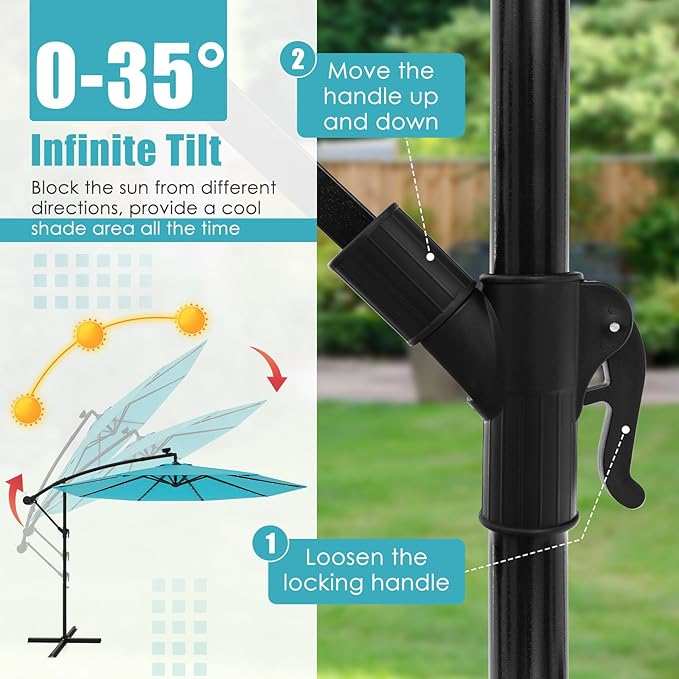 Tangkula 10 Ft Patio Offset Umbrella, 40 LED Lighted Market Umbrella W/8 Sturdy Ribs, Easy Tilt Adjustment & Crank, Polyester Shade, Ideal for Backyard, Garden, Seaside, Store, Pool (Turquoise)