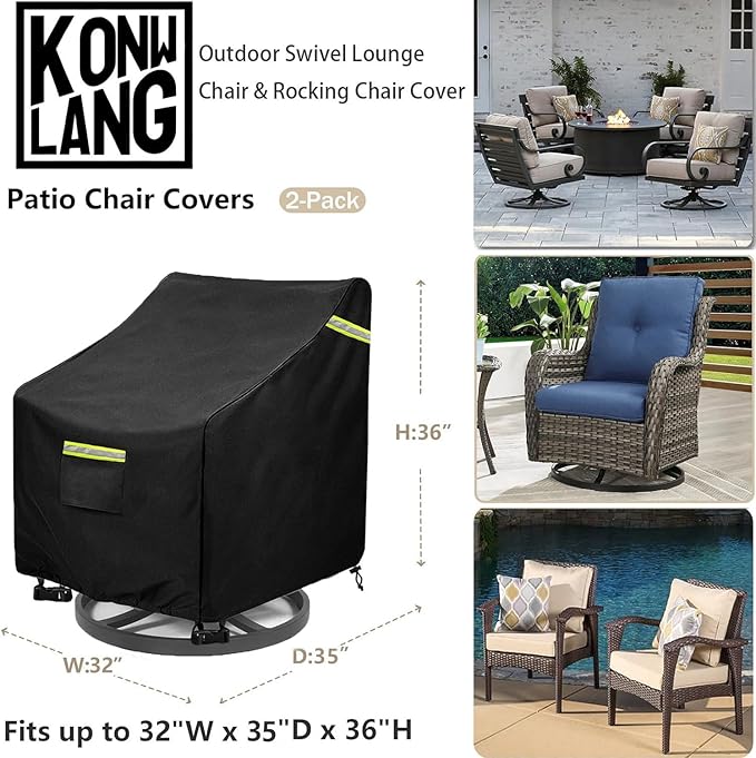 Outdoor Swivel Lounge Chair Cover 2 Pack,(32W x 35D x 36H inches ) 100% Waterproof Heavy Duty Outdoor Chair Covers， Patio Chair Covers Waterproof Patio Furniture Covers（Black）