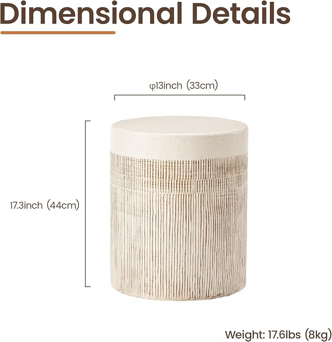 HOMPUS Outdoor Side Table Set of 2, Concrete Side Table w Vertical Thread | Patio Round Accent Coffee Table, Lightweight MgO Garden Tool for Patio, Porch and Deck, Light Beige