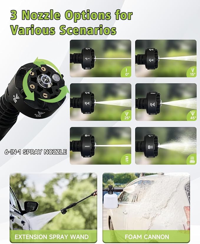 Portable Pressure Washer Cordless 2 Batteries - 1200PSI Brushless Battery Powered Power Washer with 6-in-1 Nozzle, Foam Cannon, 3 Power Level, Hand Held Pressure Washer for Cars Patio Driveway