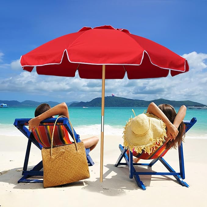AMMSUN 7.5ft Heavy Duty HIGH Wind Beach Umbrella Commercial Grade wood Beach Umbrella with Air Vent Ash Wood Pole & Portable Carry Bag UPF50+ Protection Windproof Red