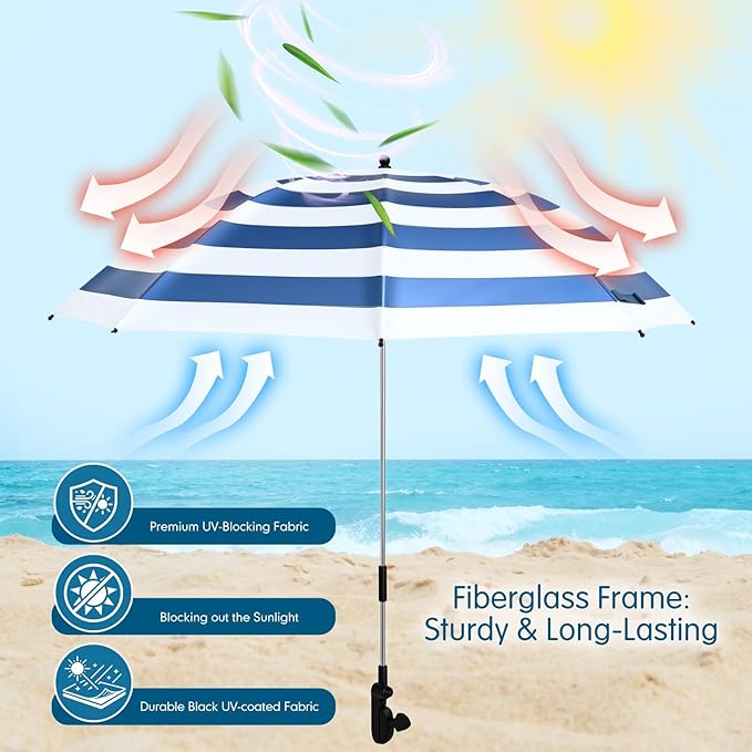 2 Pcs Beach Umbrella with Clamp UV Protection 48 Inch Adjustable Umbrellas for Chair with 360° Universal Clamps for Beach Camping Stroller Wheelchair, Chair Not Included(Blue Stripes)