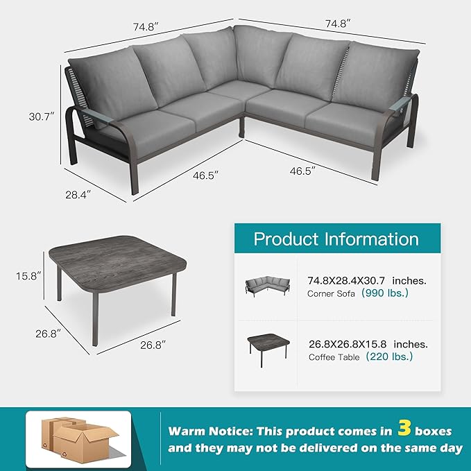 Aluminum Patio Furniture Set with Coffee Table, L-Shaped Patio Sectional Couch with Rattan Backrest for Garden, Balcony, Terrace, Gray