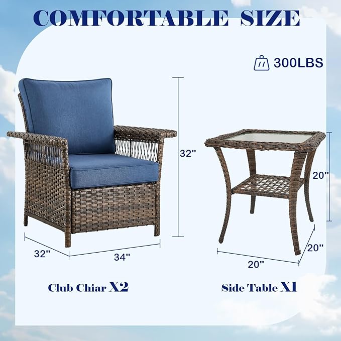 Outdoor Patio Chairs Wicker Chair - 3 Piece Rattan Patio Bistro Chairs Set with Sturdy Frame,All-Weather PE Wicker and Comfortable Cushions,1 Side Table for Outside Porch Deck Balcony(Brown/Blue)