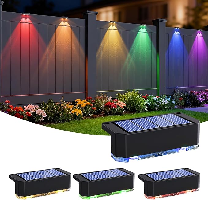 Peasur Solar Fence Lights Outdoor RGB, 4 Pack Step Light Solar Powered, Waterproof LED Deck Lights for Stairs Railing Yard Patio Outside