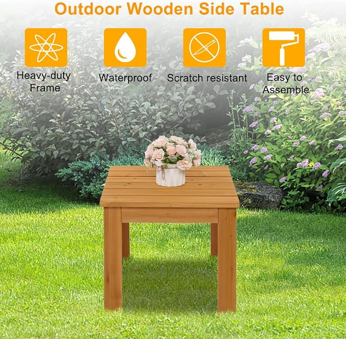 Outvita Outdoor Side Table, 18x18 Inch Square Wooden Coffee Table, Patio End Table with Natural Finish for Garden, Patio, Deck, Backyard, Porch