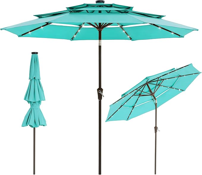 9FT 3-Tier Patio Umbrella with Solar LED Lights, Outdoor Table Umbrella with Tilt & Crank, Ventilated Large Market Umbrella with 8 Ribs, UV Protection for Deck, Pool, Garden