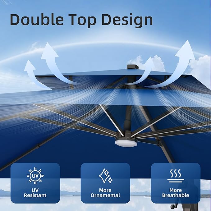 10x13 FT Patio Umbrella with Weighted Base and LED Lights Cantilever Outdoor Large Heavy Duty Rectangle Aluminum Offset Umbrellas Double Top 360 Rotation for Pool Deck Garden, Navy