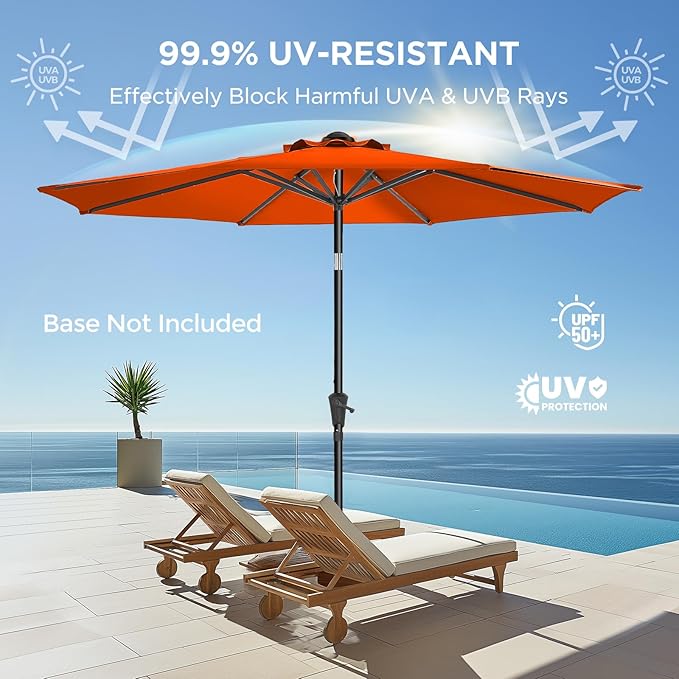 HOMSHADE 9ft Outdoor Patio Umbrella - Market Table Pool Deck Umbrella UPF50+ UV Protection with Push Button Tilt, Crank and 8 Sturdy Ribs (Neon Orange, No base)